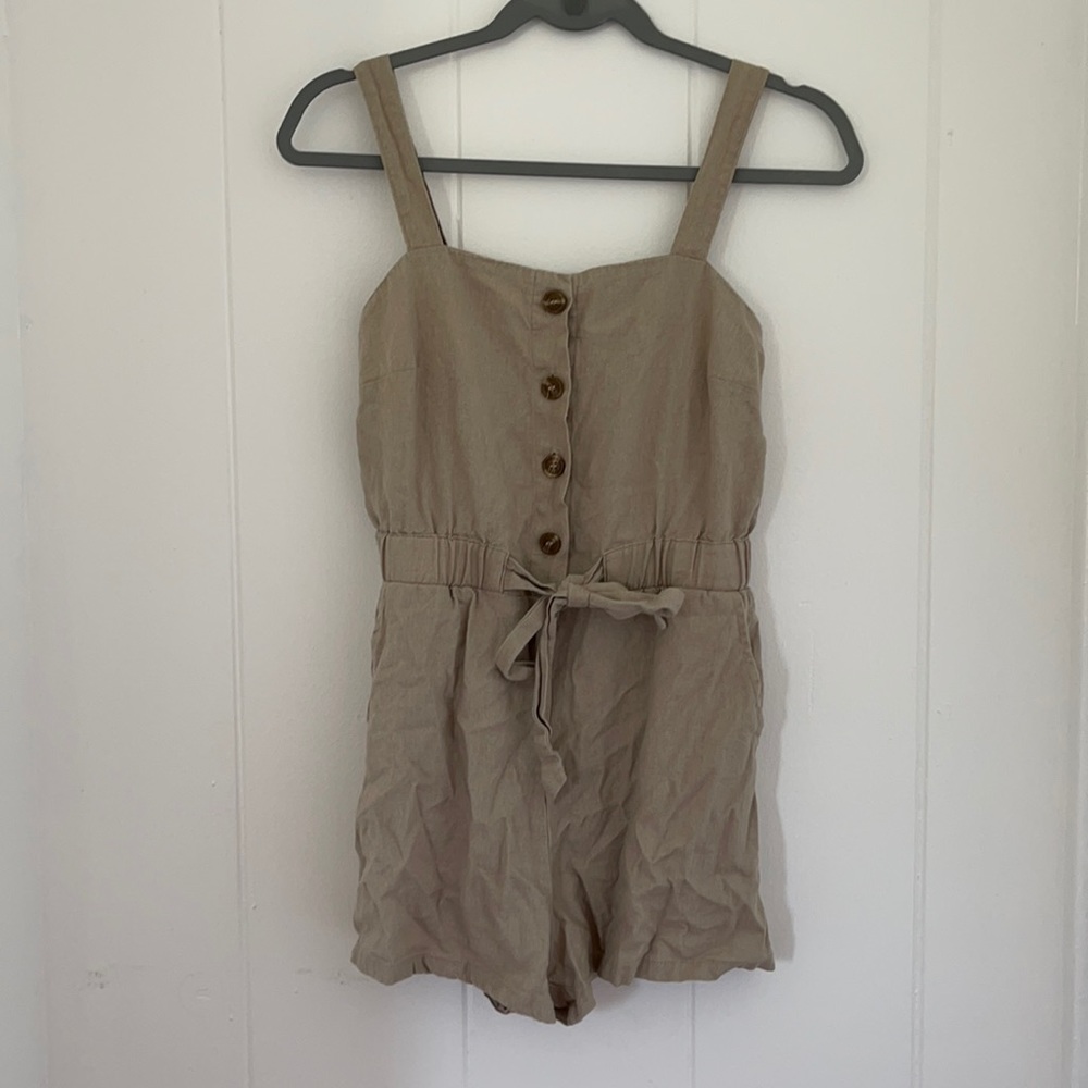 Tan button down and tie romper
